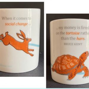 Picture of mug showing hare on one side and tortoise on the other