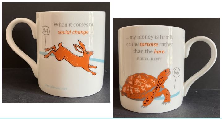 Pair of Bruce Kent “Hare and Tortoise” mugs